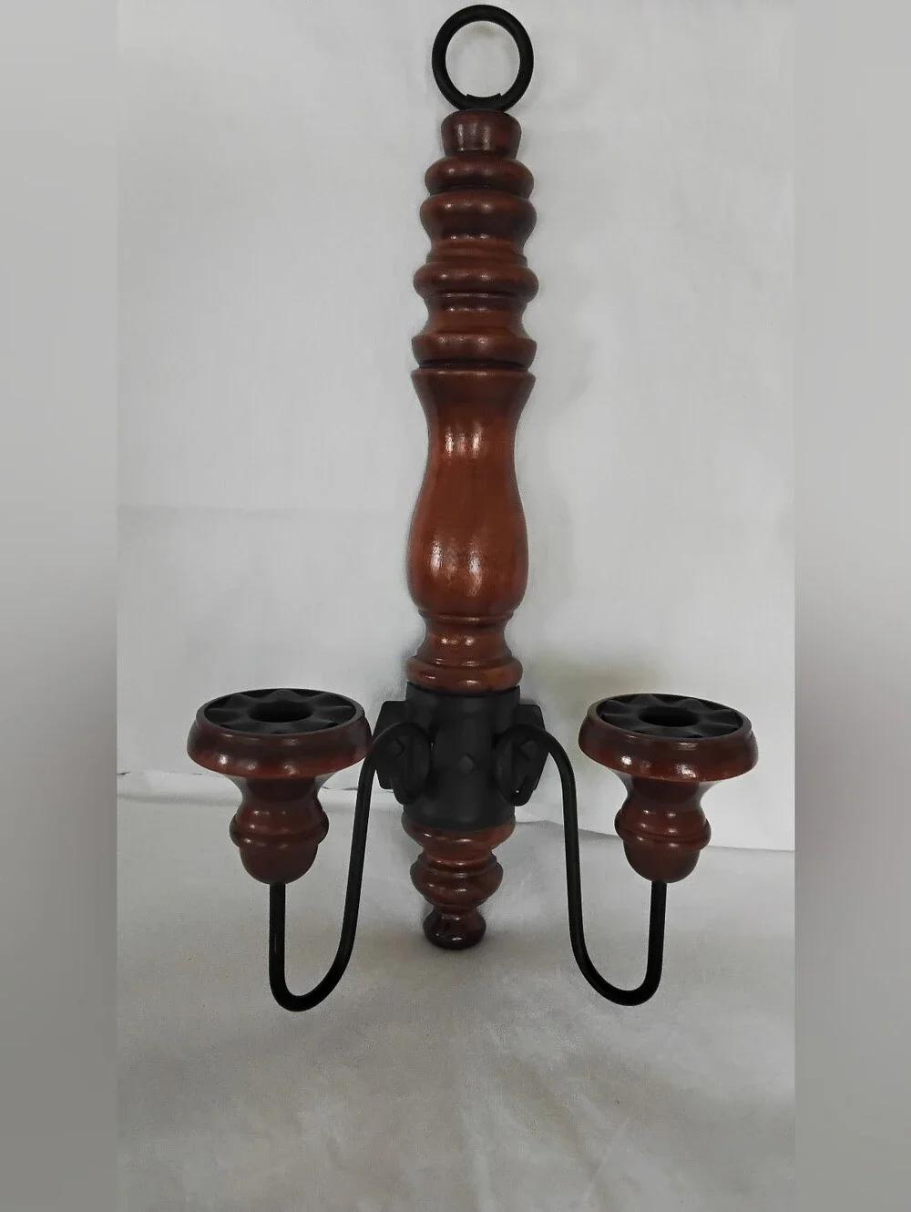 Vtg Wood and Metal 2 Arm Wall Sconce Candle Holder- Brown and Black